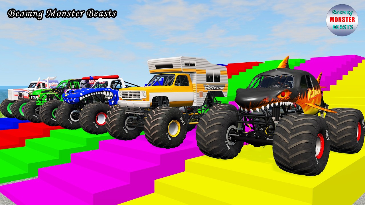Monster Truck Transport on Triple Flatbed Trailer – BeamNG Monster Beasts #255