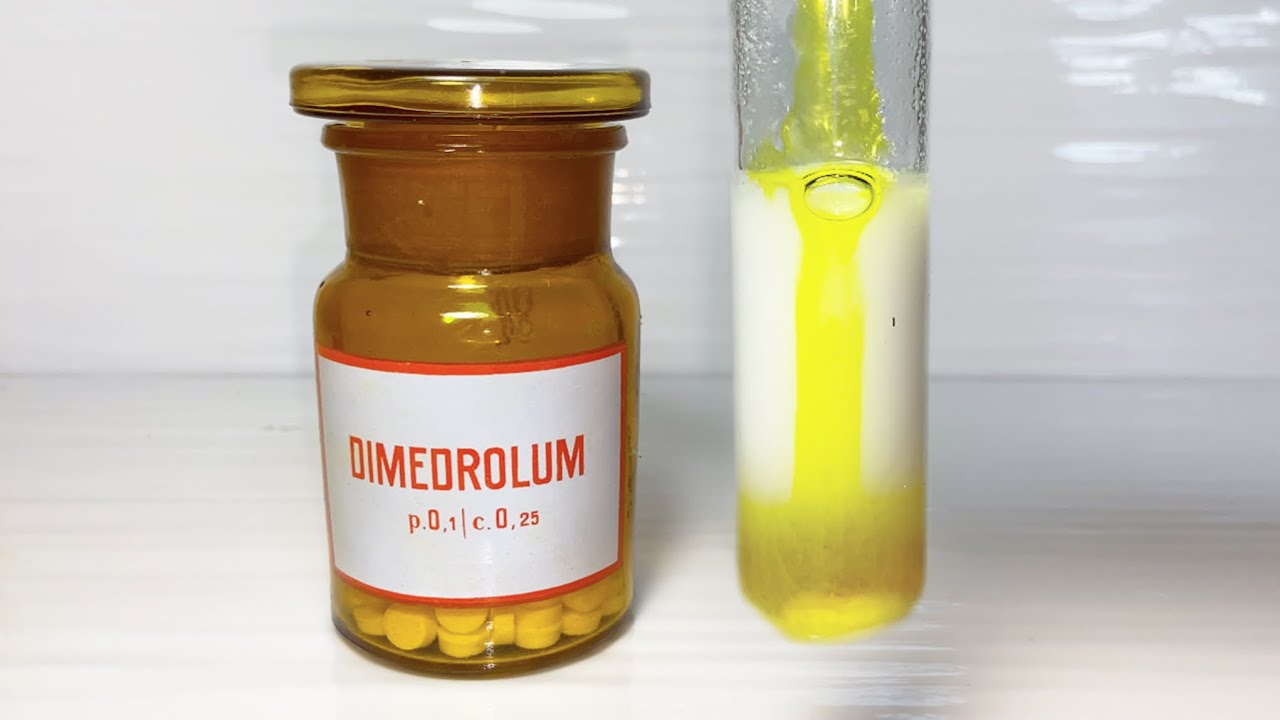 Реакция ДИМЕДРОЛА, ФОРМАЛИНА и СЕРНОЙ КИСЛОТЫ. Reaction of DIMEDROL, FORMALDEHYDE and ACID.