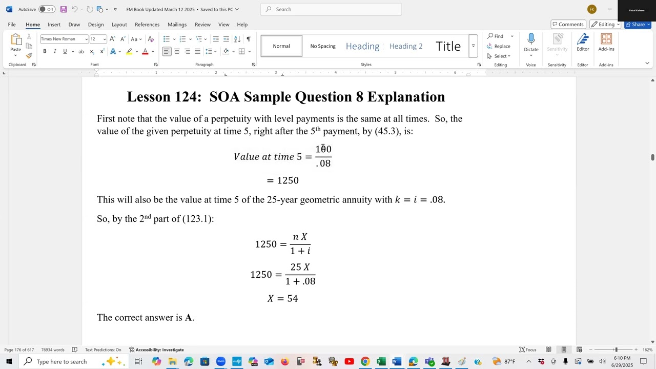 SOA Exam FM Prep Lesson 124: Sample Question 8, Geometric Annuity with Growth Rate = Interest Rate
