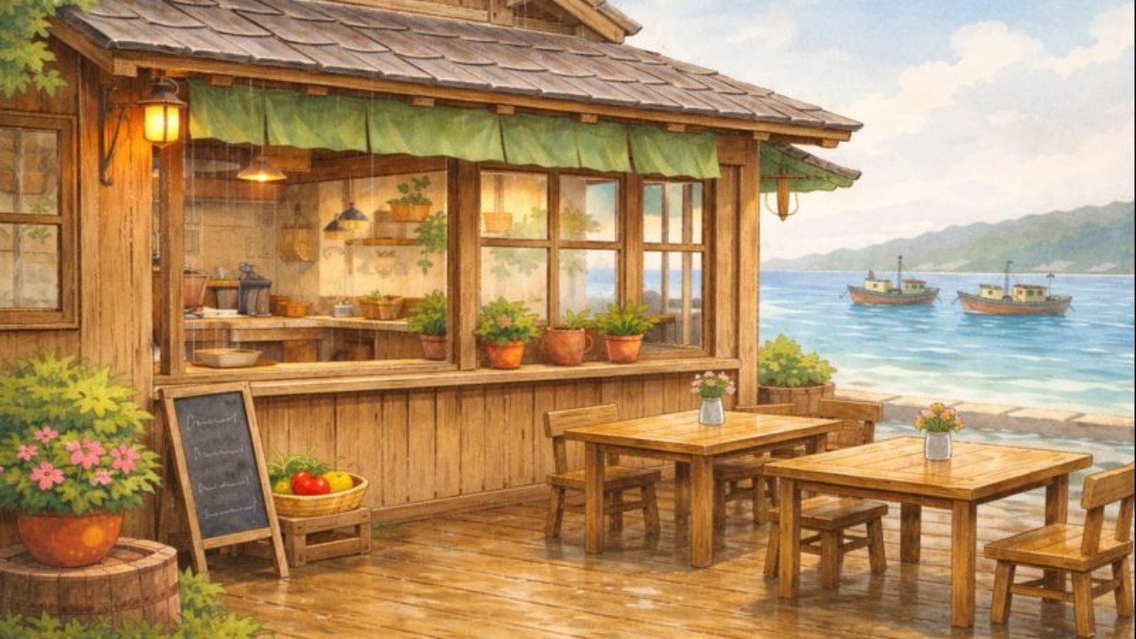 Eat lunch at a small restaurant with an ocean view | Cozy Animaiton | Healing video | ASMR