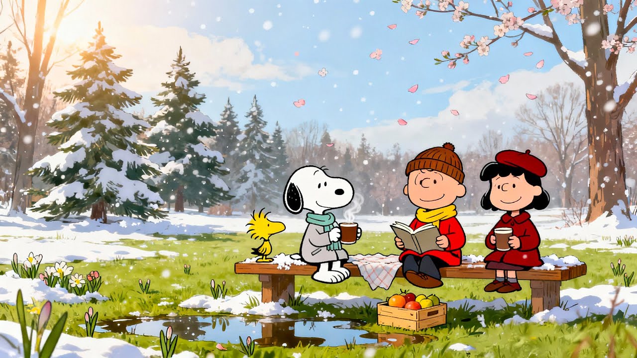 Snoopy’s Morning Chill with Charlie Brown 🌸📚 Snowy Picnic Vibes for Study & Focus