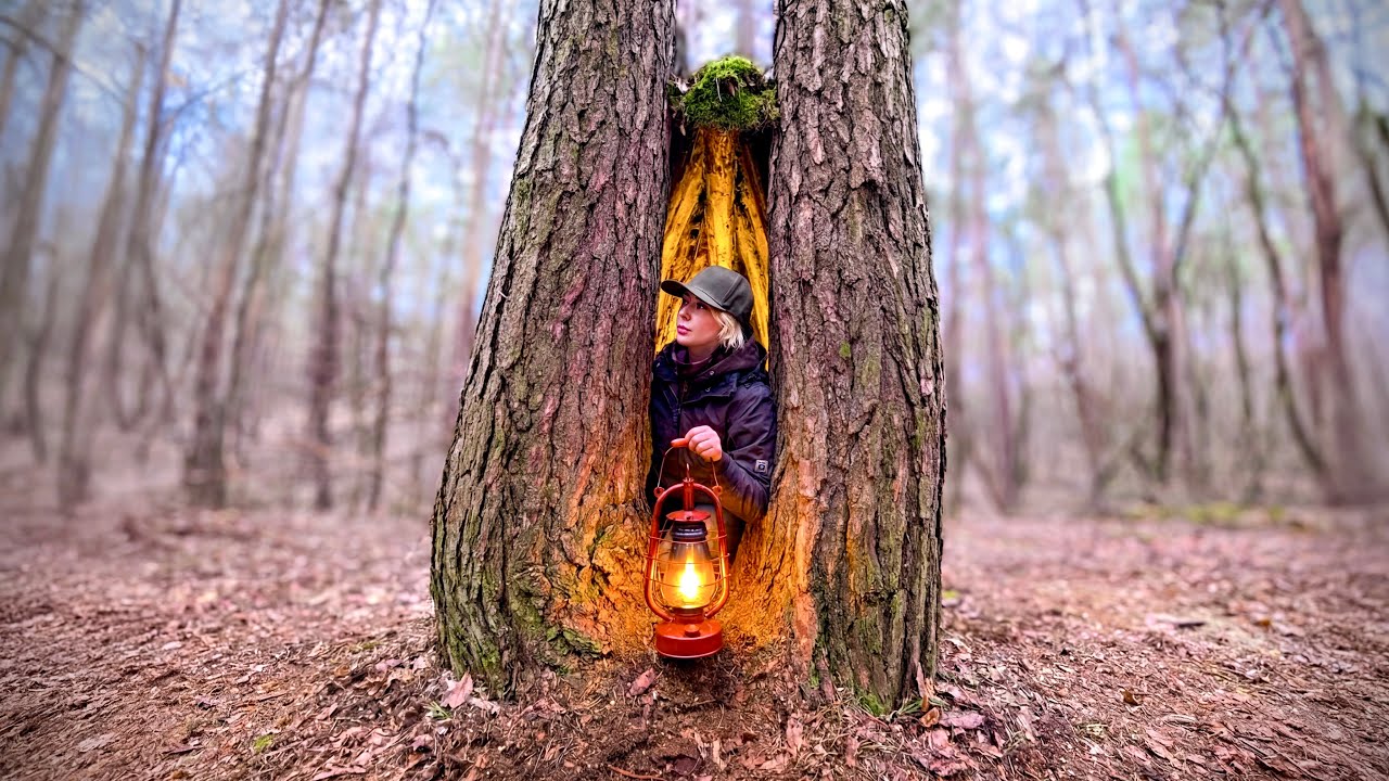 Building a Warm and Cozy Secret Dugout Between Trees | Bushcraft, Survival
