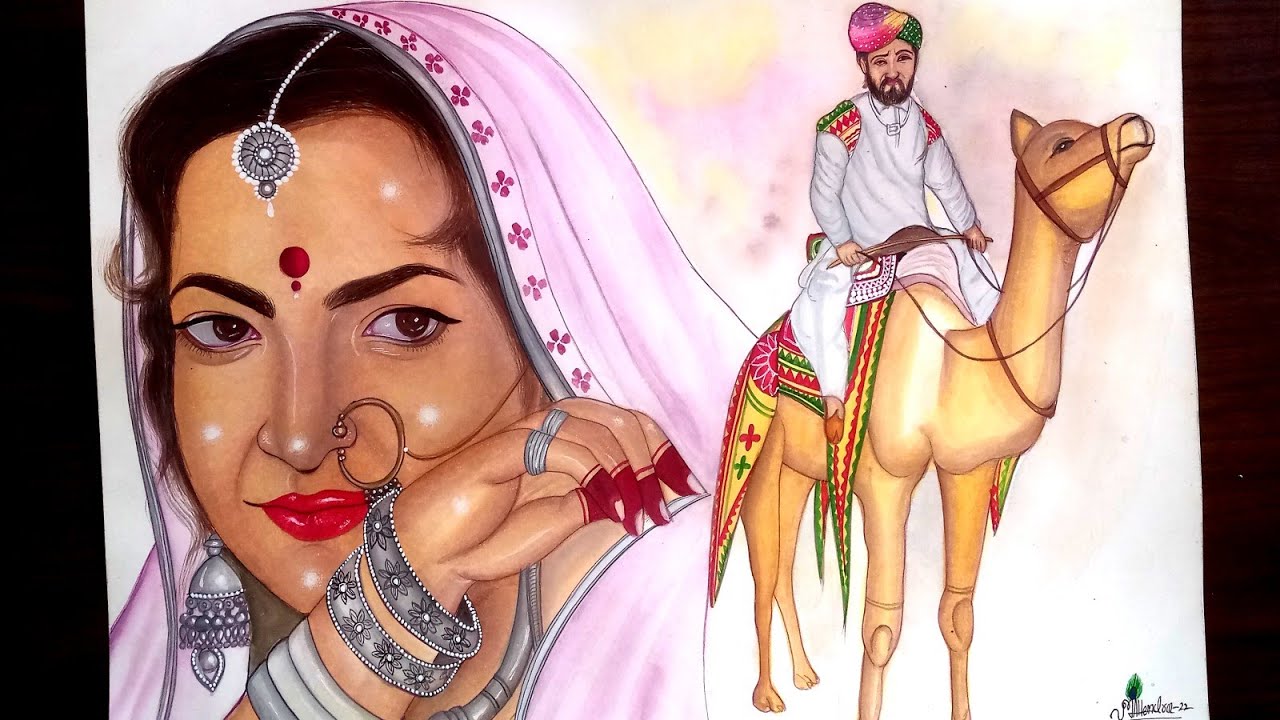 Lady and Camel Poster color Painting    Easy Rajasthani Couple Painting