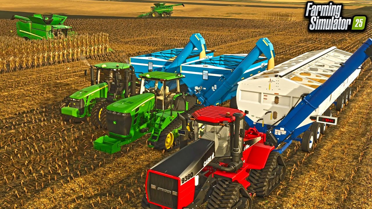 BIG TIME CORN HARVEST WITH MOTHERBIN, 2 COMBINES, 2 GRAIN CARTS | FS25