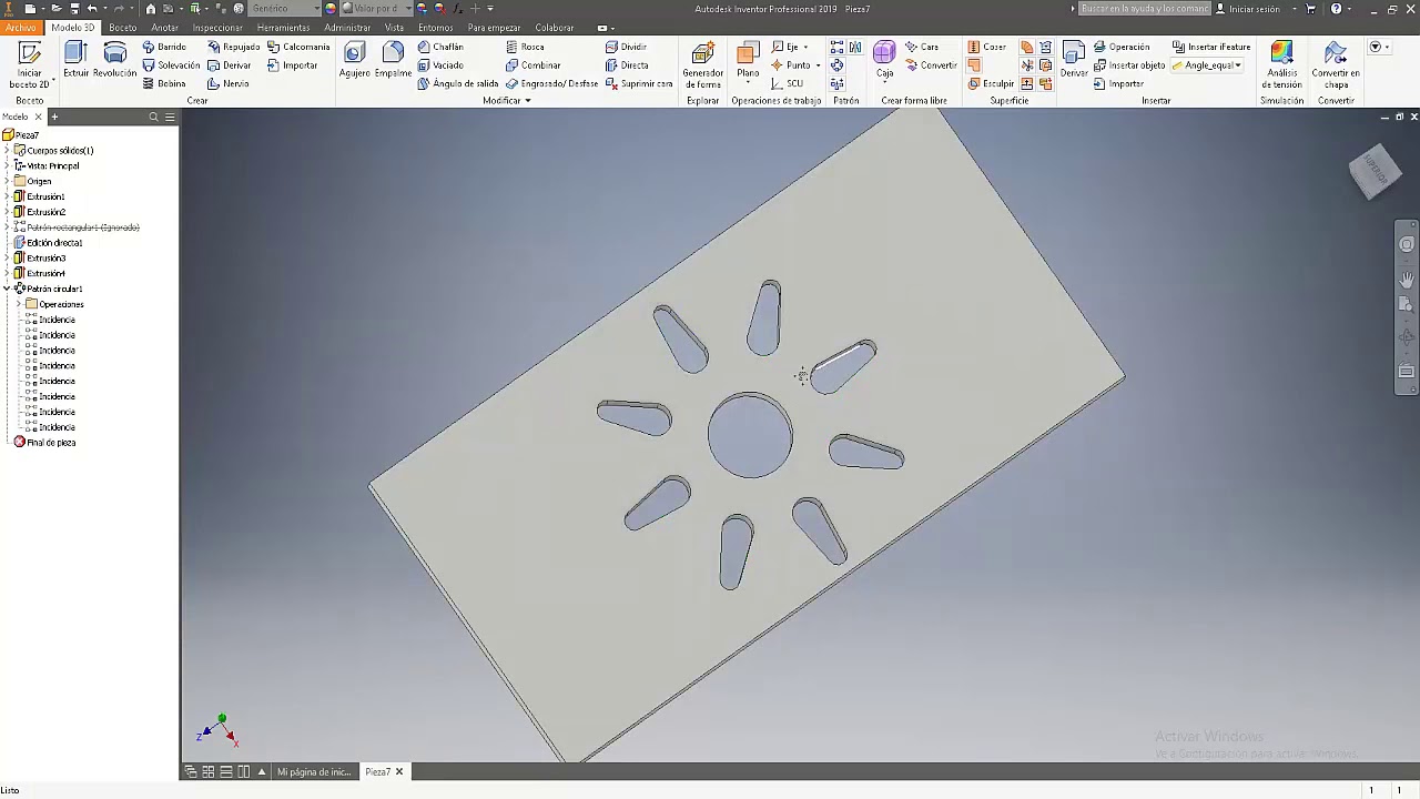 MATRIZ 3D rectangular circular patrón INVENTOR 2019