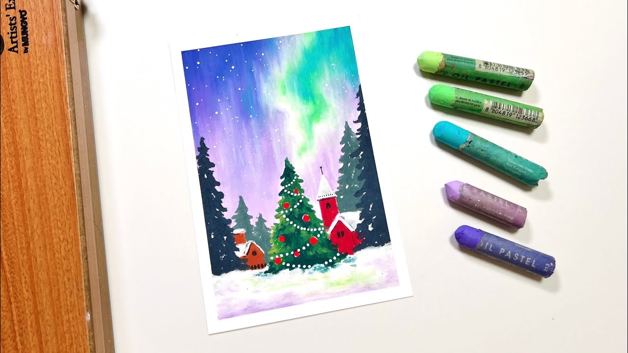 오일파스텔로 오로라 크리스마스 그리기🎄✨ | Oil pastel Drawing for beginner