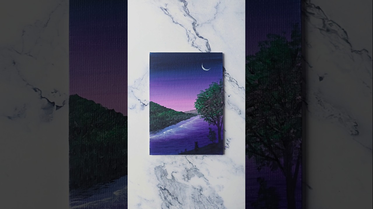purple night sky scenery painting / acrylics on 5x7
