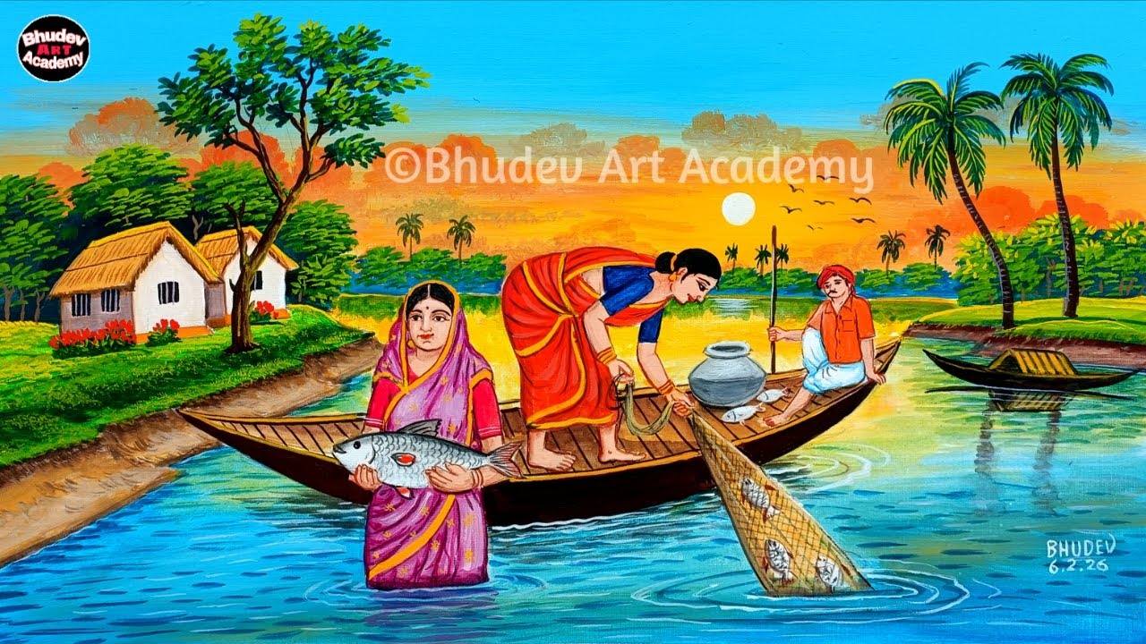 Indian Village Fisherman Painting|Beautiful Indian Village Scenery Painting With Earthwatercolor
