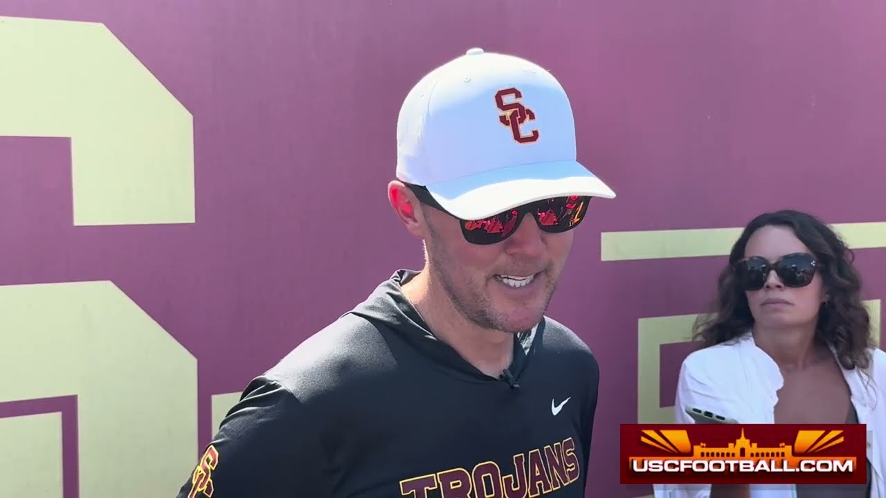 Head coach Lincoln Riley from USC Fall Camp practice No. 8, Prophet Brown injury