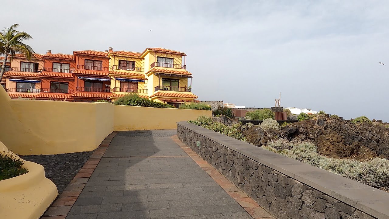Walk through Los Cancajos. Hotels, beach and sea. Well-known vacation spot on La Palma. 4K Ultra HD