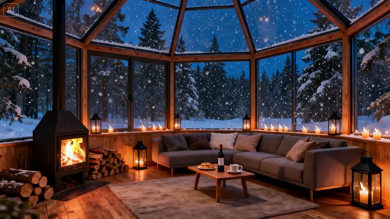 Winter Glass Cabin Snowstorm ❄️🔥 Fireplace Sounds for Deep Sleep and Relaxation