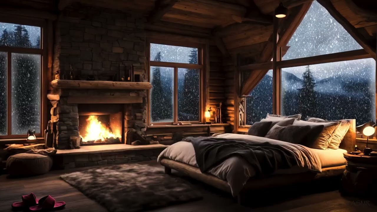 Nevada y Chimenea en una Caba&ntilde;a Acogedora | Sonido Real para Dormir Profundamente