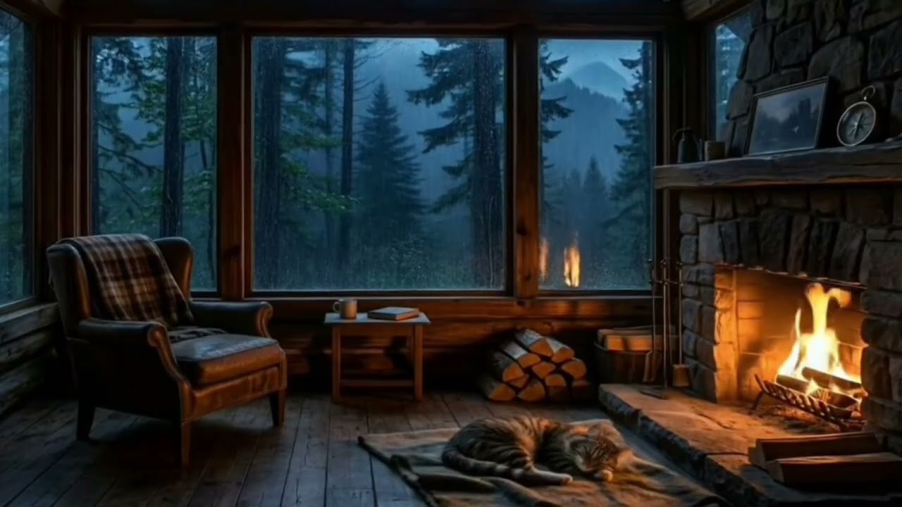 Cozy Cabin Ambience | Heavy Rain & Crackling Fireplace | Relax, Study, Sleep (1 hour)