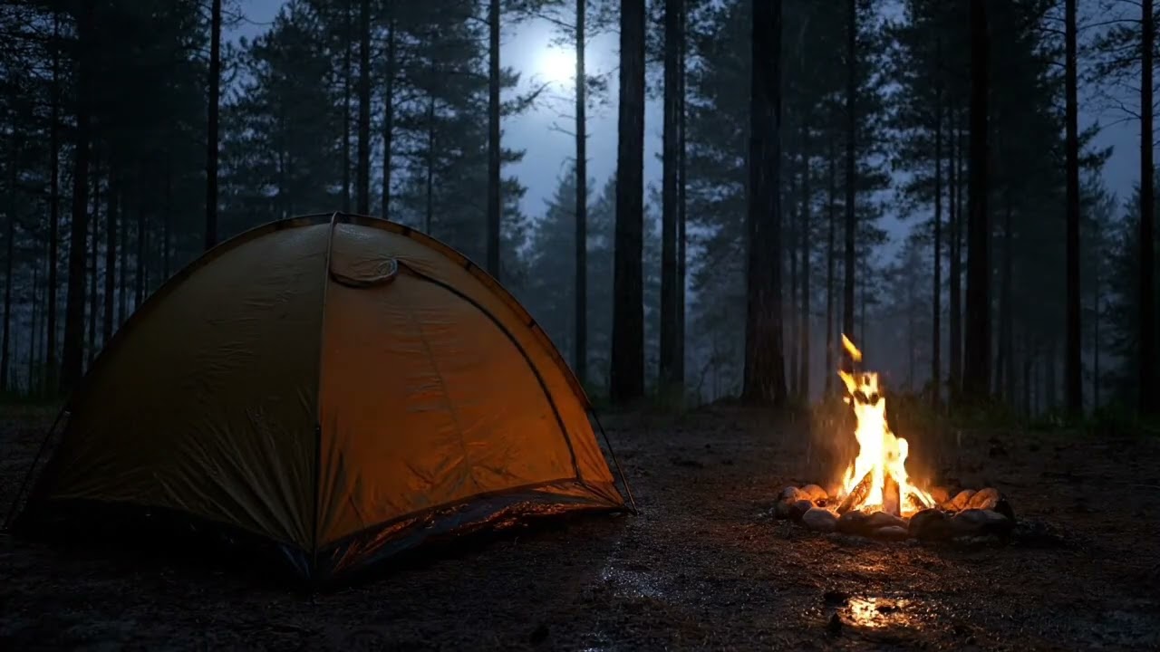 Midnight Forest Rainfall Surrounding a Quiet Camping Tent with Gentle Campfire Glow and Deep Sleep