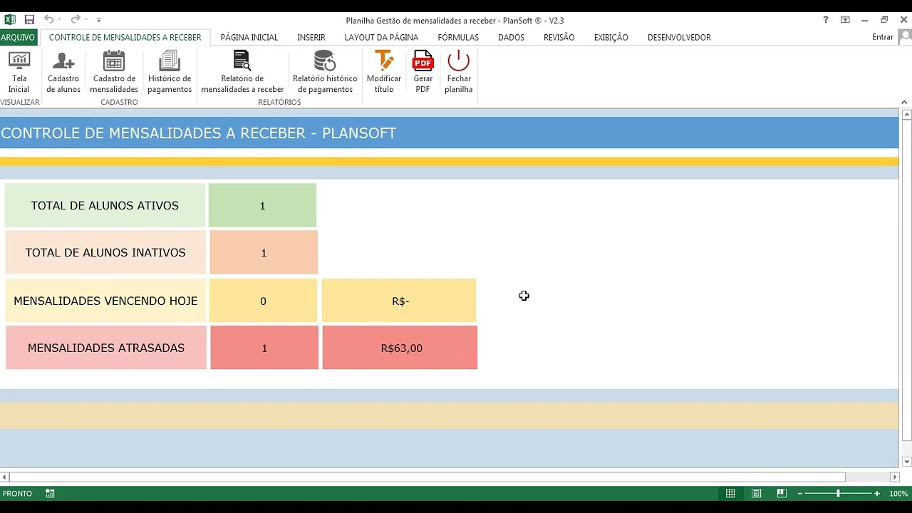 Planilha Excel cadastro de alunos e controle de mensalidades a receber de Academia e Escolas