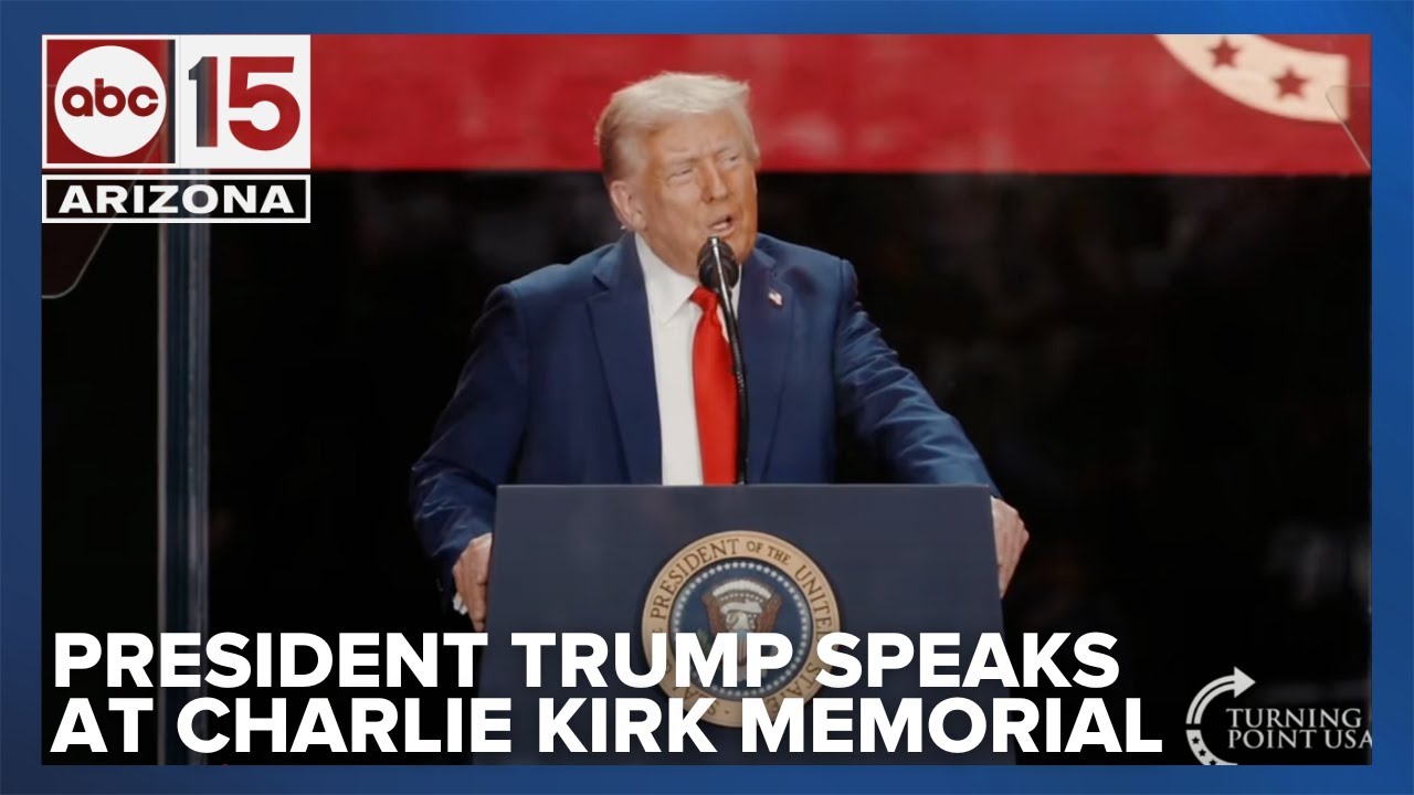 President Trump speaks at the Charlie Kirk memorial held at State Farm Stadium in Arizona