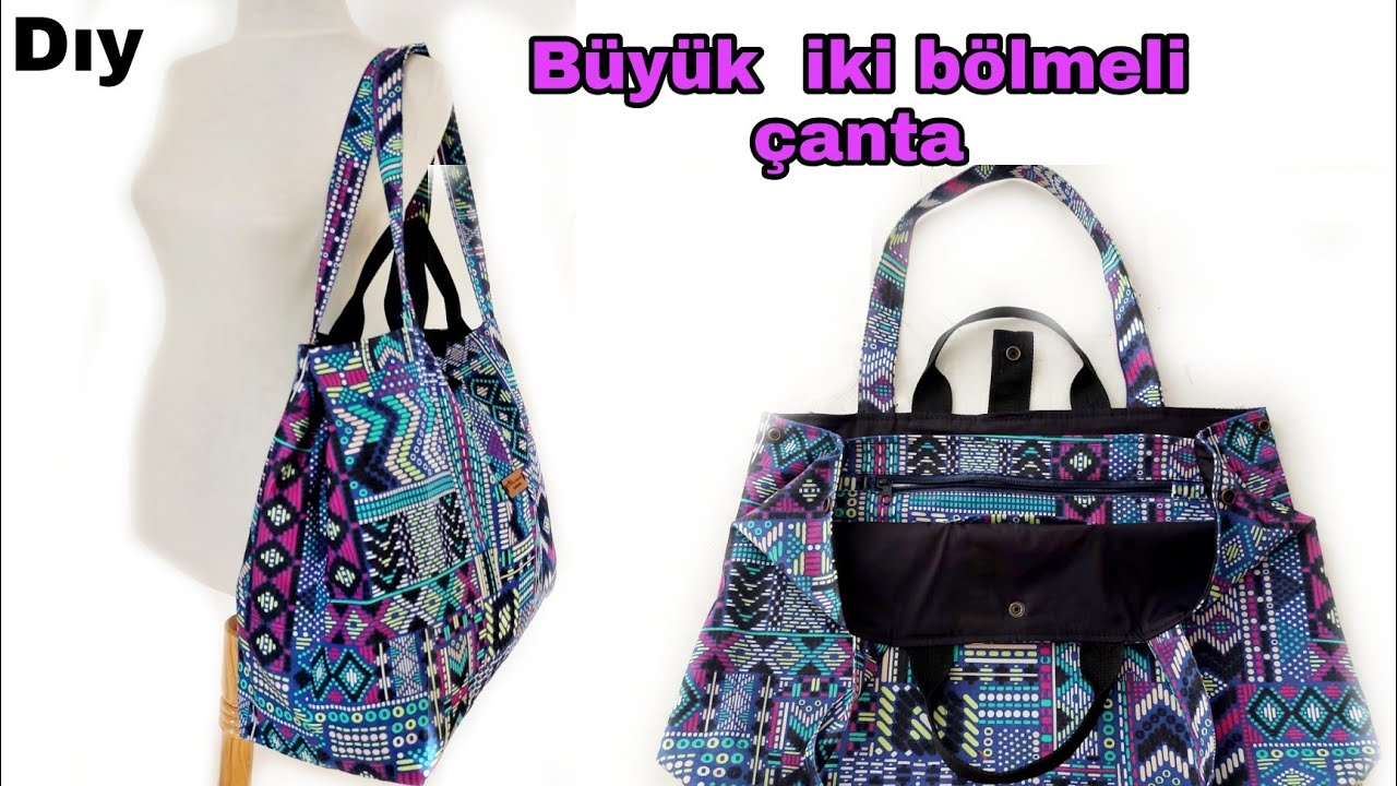 Dıy/Büyük boy kumaş çanta dikimi iki gözlü üç çepli  astarlı tote bag #dikişteknikleri #kumaşçanta#