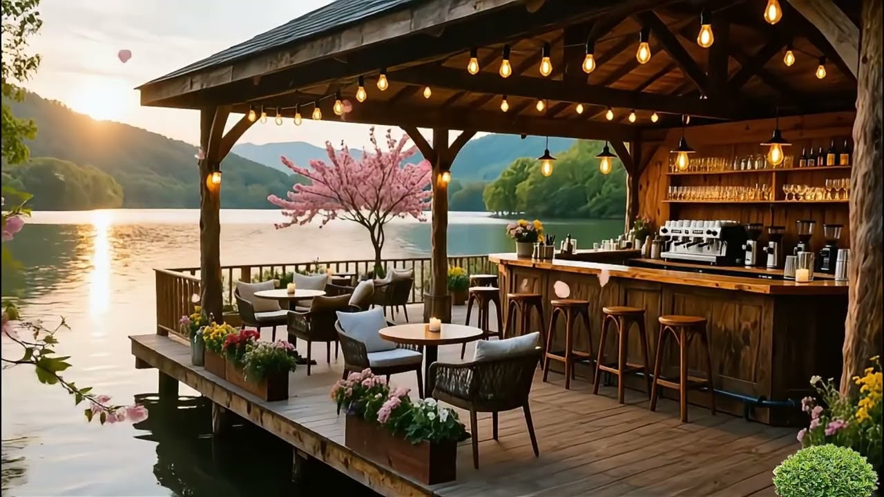 Relax Jazz 🌅 Romantic Lakeside Sunset Bar | Cozy Evening Study & Work Ambience