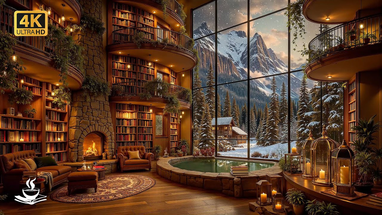 Winter Jazz for Deep Reading ❄️ A Snowbound Literary Library with Fireplace Glow and Endless Books