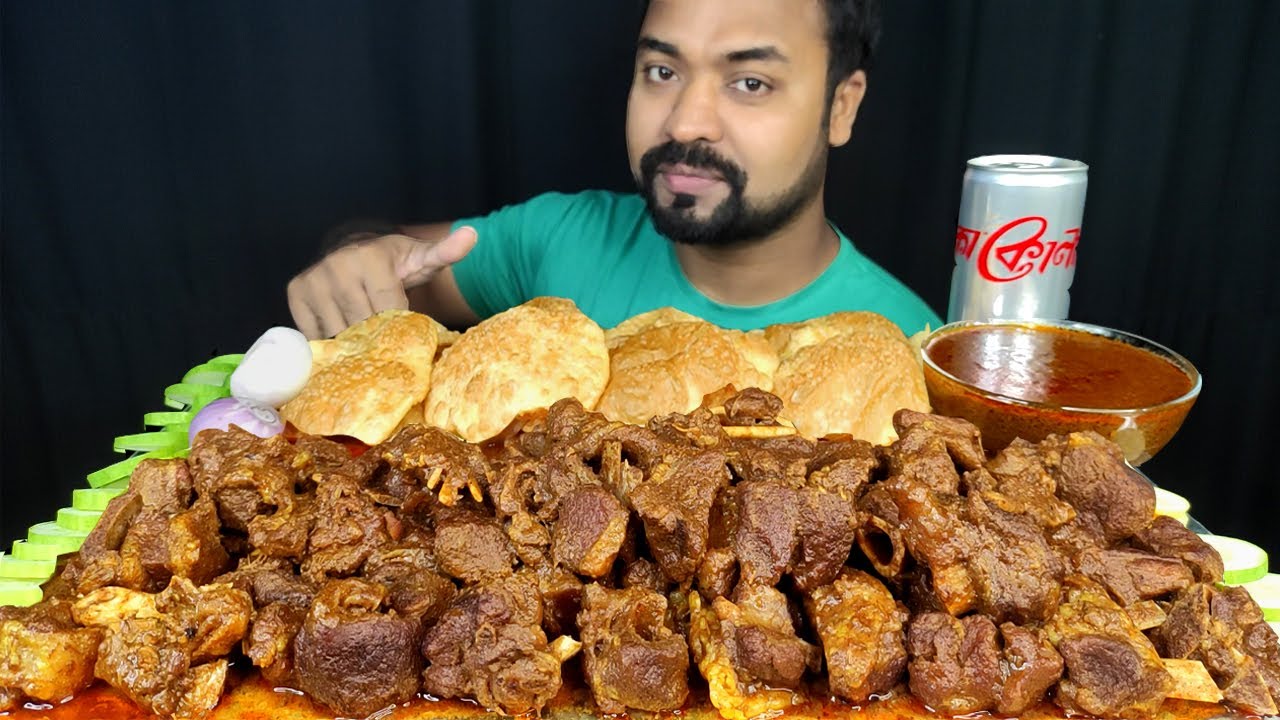 2 KG SPICY DESI STYLE MUTTON CURRY, SOFT MINI LUCHI/ PURI, SALAD, COKE ASMR MUKBANG EATING SHOW ||