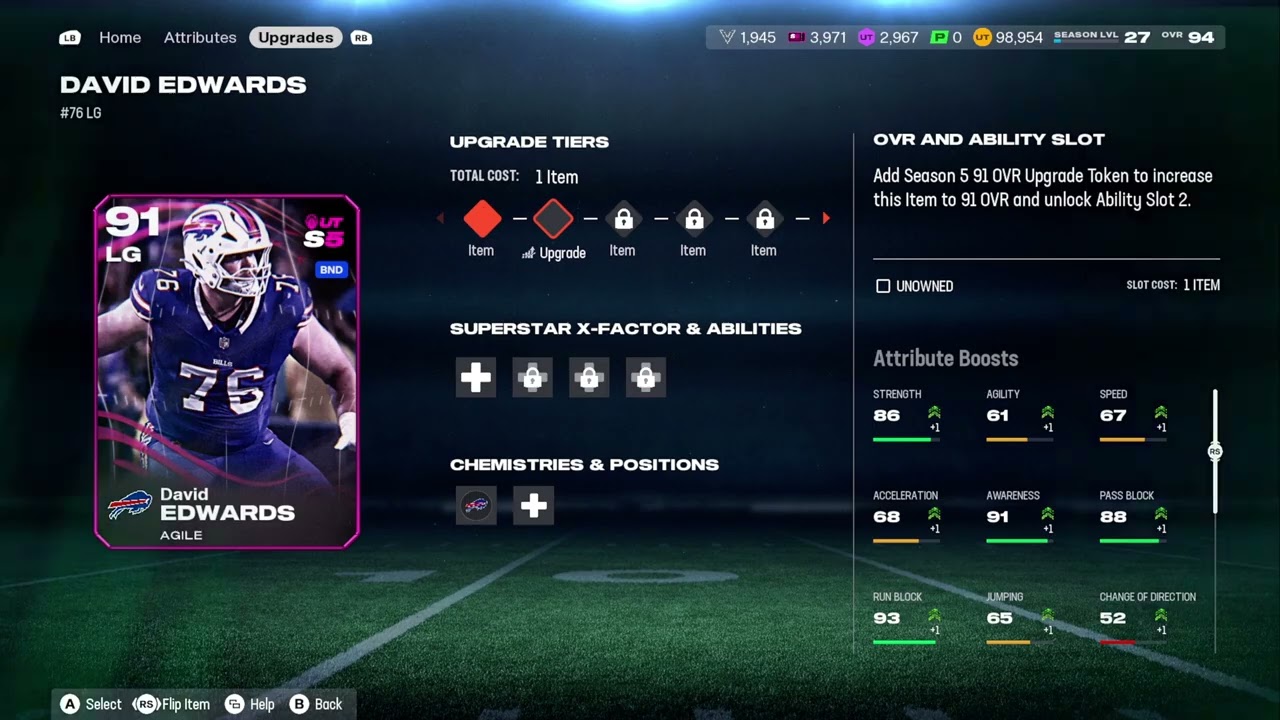 Madden 26 -Season 5 94 Level 27 overall New England Patriots Theme Team 94 overall David Edwards p1
