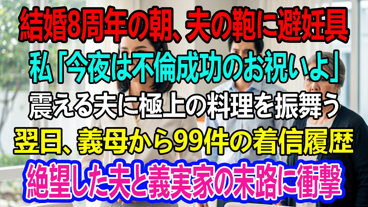 結婚8周年の朝、夫のカバンからコンドームを見つけた。私は静かに言った。『今夜は家で食事しましょう。不倫成功のお祝いにね。』翌日、義母から99件の着信が入っていた。