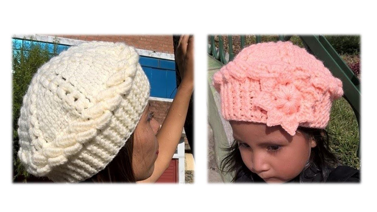 Como tejer la Boina N° 3 a crochet con flor para niñas y mujer en punto olas y elástico paso a paso