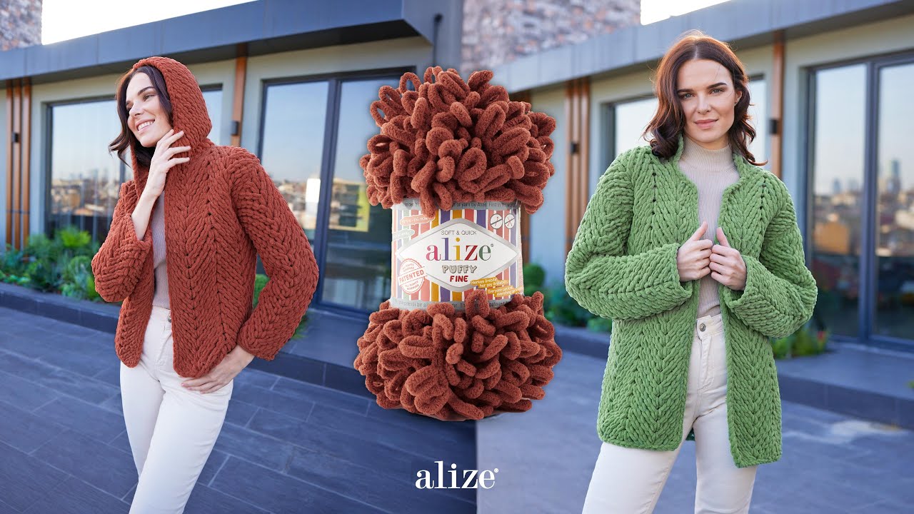 Учебник по вязанию кардигана елочкой Alize Puffy Fine