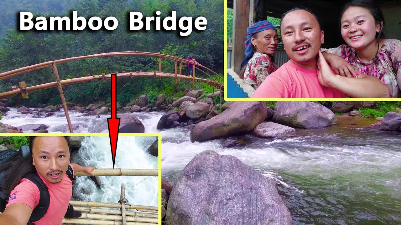Crossing the dangerous bridge of the village made of bamboo @ruralnepall @lajimbudha