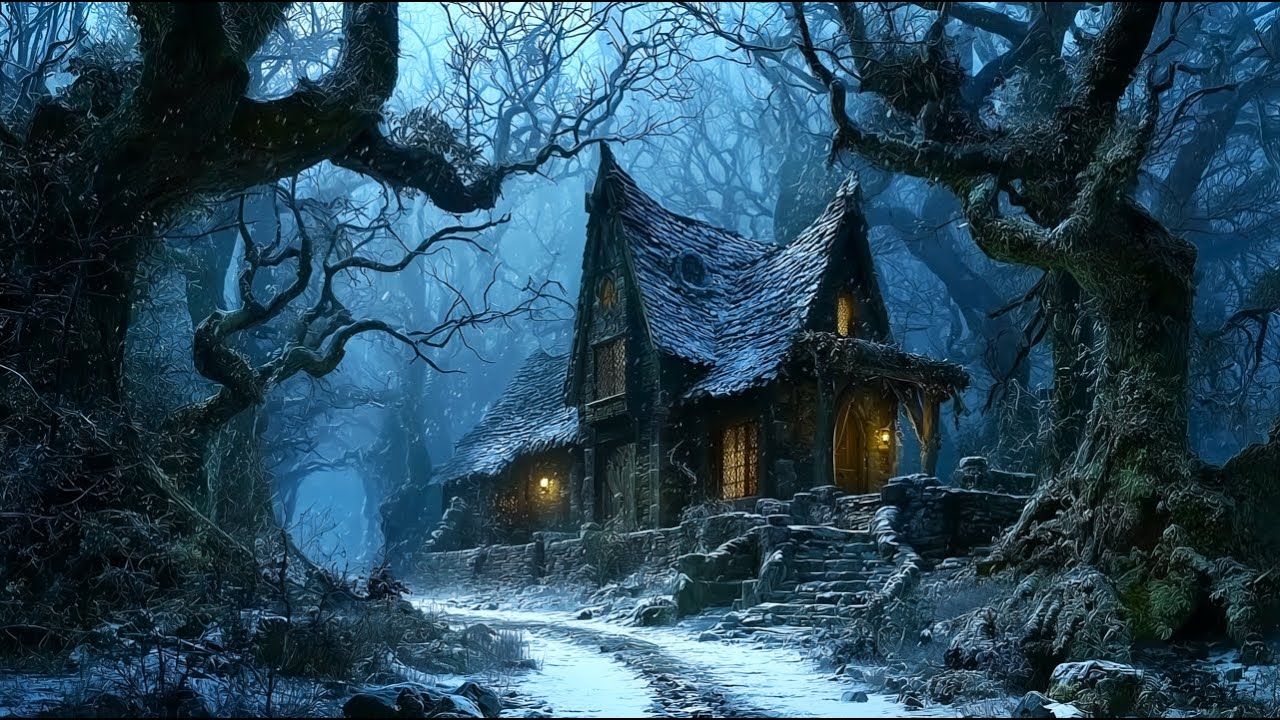 Enchanted Snowfall Forest Cottage — Medieval Celtic Winter Ambience for Calmness, Focus & Deep Rest