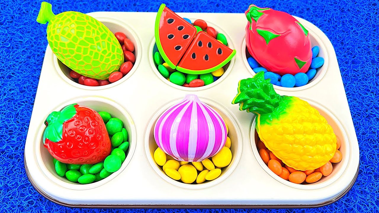 Satisfying Video l Rainbow Slime Fruit & Skittles Lollipop in Glitter Color Tray Cutting ASMR
