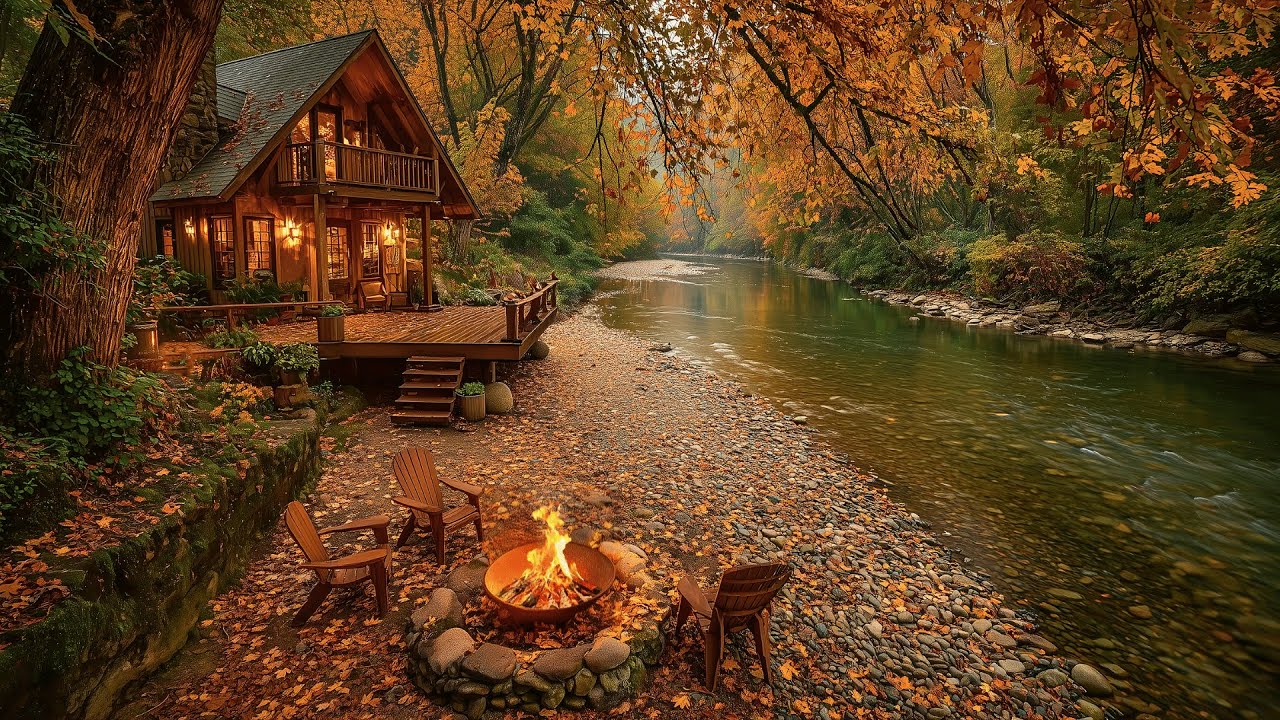 Autumn Morning by the Riverside Cabin | Cozy Fire Crackles & Peaceful Forest Birds Ambience