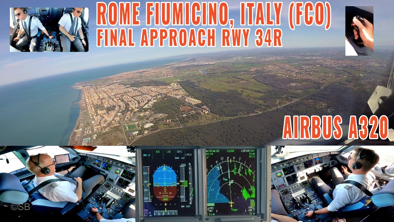 ROME (FCO) | Pilots + cockpit view of a beautiful Airbus A320 final approach + landing runway 34R