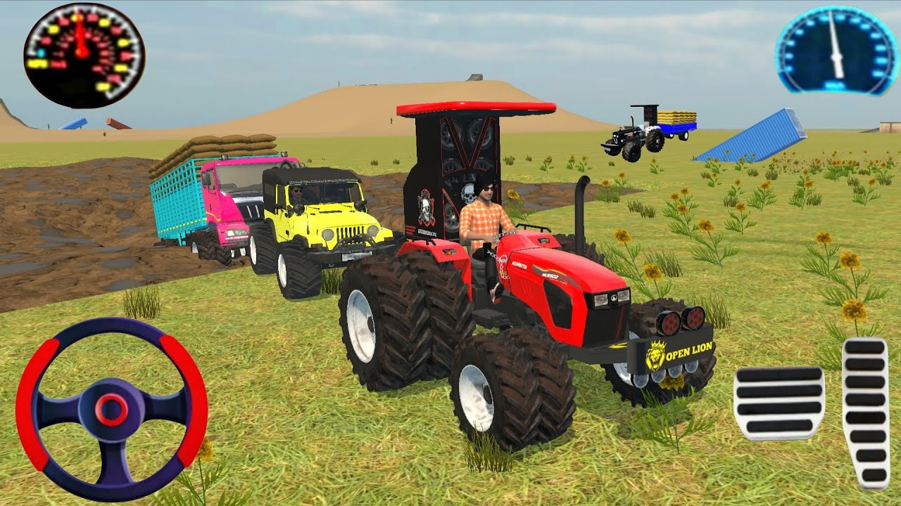 Indian truck stuck in mud tractor and car rescue the truck#drivinggameplay #farminggaming 