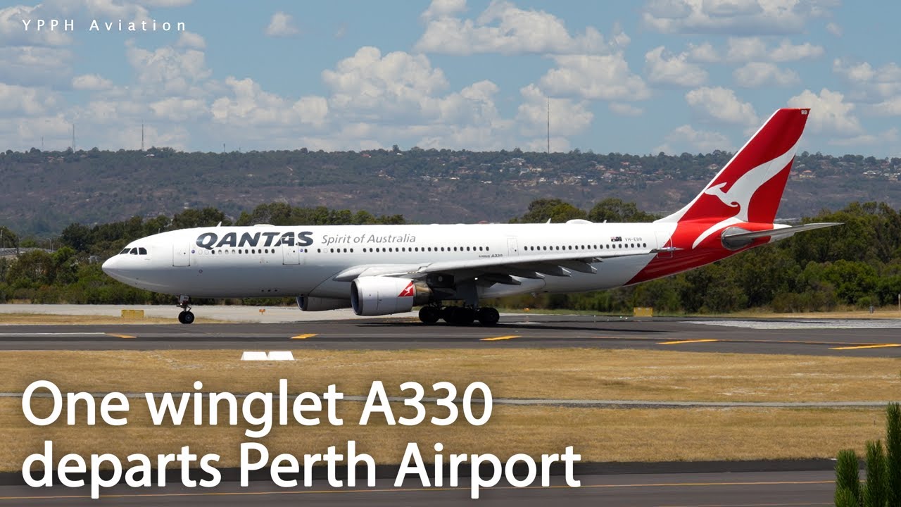 One winglet A330 - Qantas A330-200 VH-EBB departing RW03 at Perth Airport (YPPH).