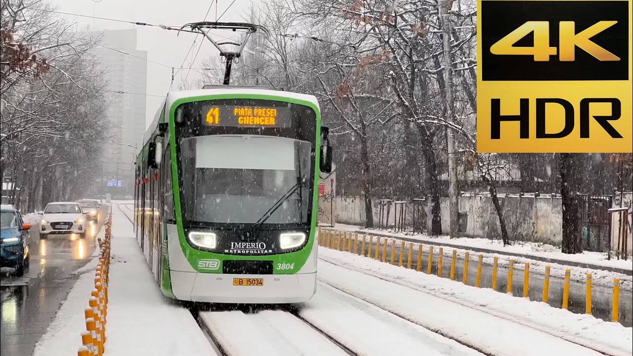 [4K 60fps HDR]Bucharest STB-The newest Astra Imperio Metropolitan Trams in snow on Line 41-Part 4❄️