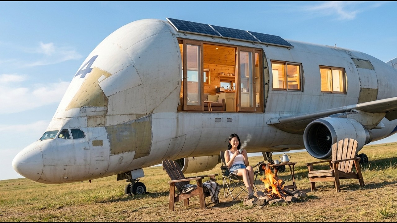 Building a Dream House Inside an Abandoned Airbus Beluga Transport Plane in a Remote Grassland ASMR