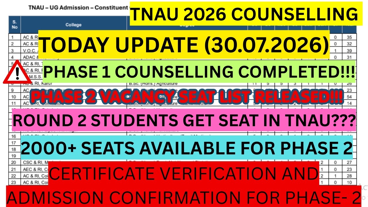 TNAU 2026 Counselling Phase 1 Completed & Phase 2 Seat Matrix Out! ⚠️ 2000+ Seats Available!