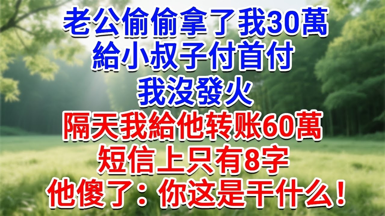 老公偷偷拿了我30萬，給小叔子付首付，我沒發火，隔天我給他60萬，簡訊上只有8字，他傻了：你这人是干什么！#為人處世#生活經驗#情感故事#故事#小說#戀愛#情感#婚姻