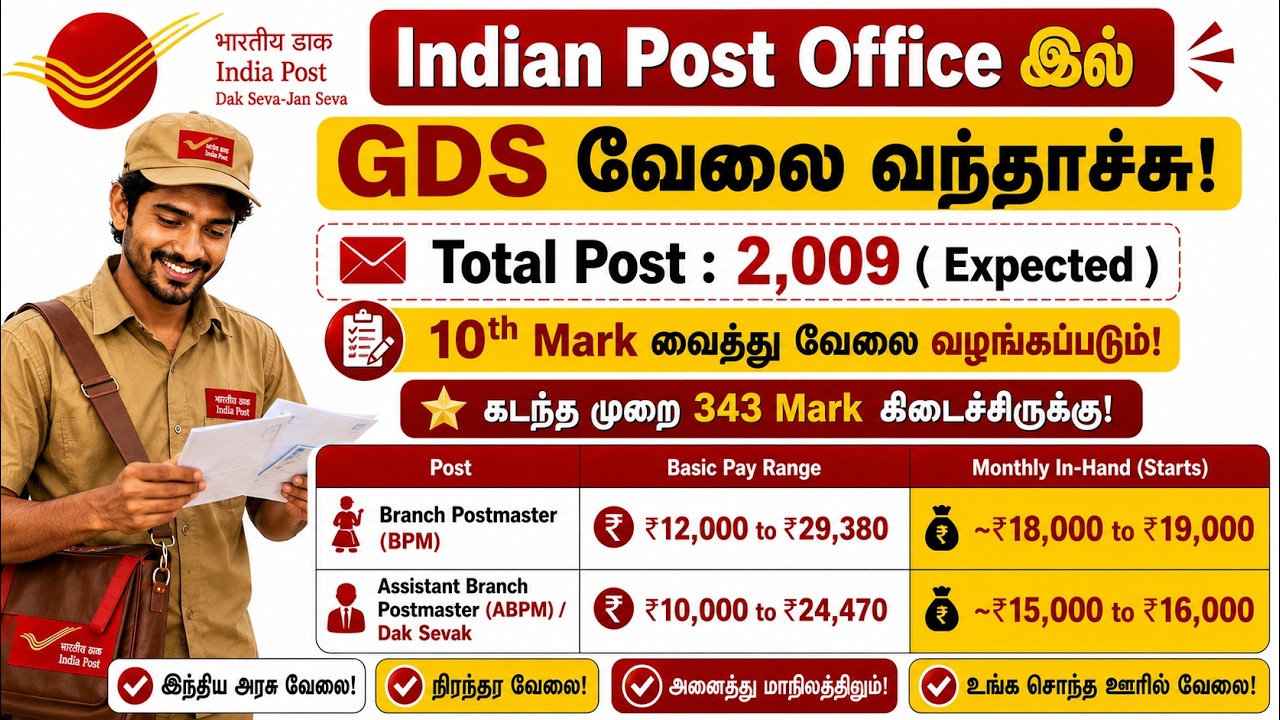 📮 India Post GDS 2026 🔥 2009 TN Vacancies 😍  10th Mark Merit 💯 No Exam ✅ Apply Fast 🚀