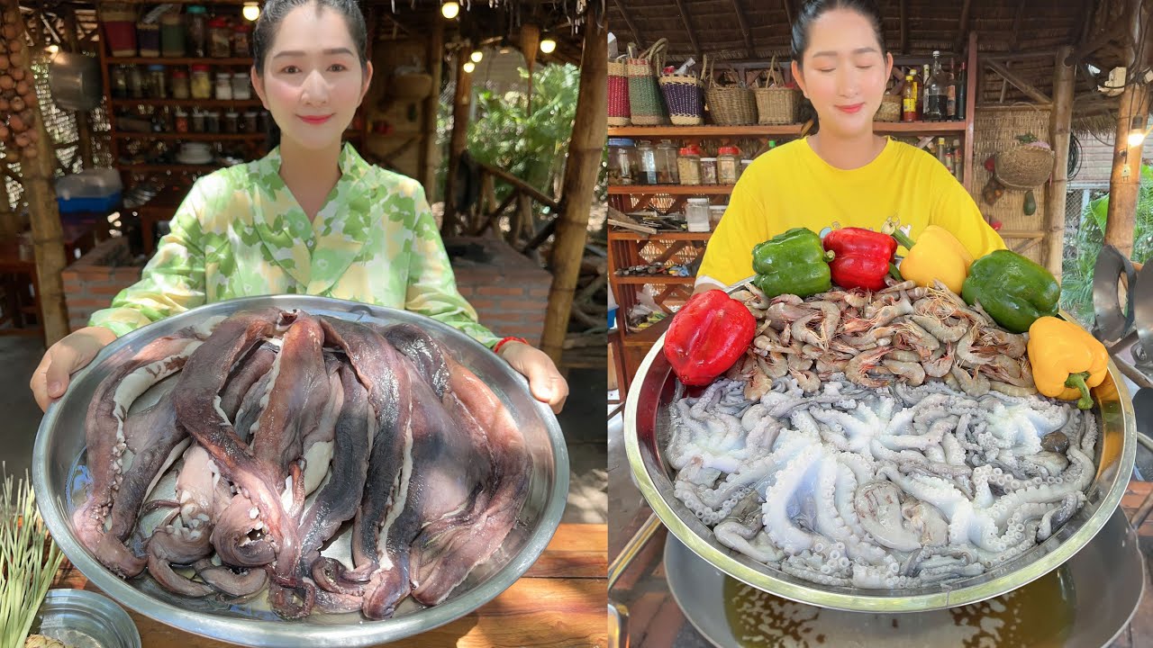 Amazing cooking chef Sros: Yummy octopus hand sour sweet, Fry shrimp, octopus, Ocean crab recipe
