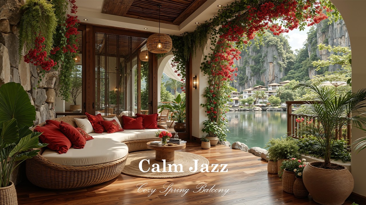 Calm Jazz At Cozy Spring Balcony | Relaxing Lakeside Ambience For Deep Focus & Stress Relief