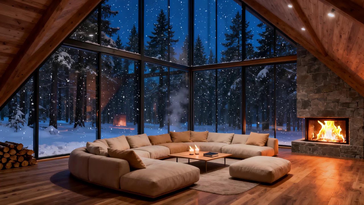 Heavy Snow Outside the Modern Lounge 🔥 Deep Sleep Fireplace Sounds