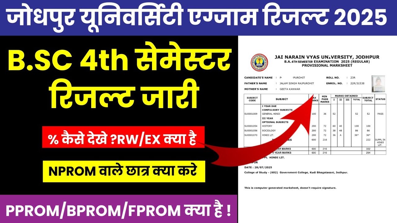 JNVU B.Sc 4th Semester Result 2025 Declared | B.Sc 4th Semester Result 2025 Kaise Dekhe JNVU 
