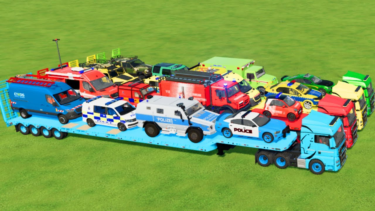 LOAD & TRANSPORT AMBULANCE, CARS, FIRE TRUCK, POLICE CARS, BUS, JEEP-Farming Simulator 22
