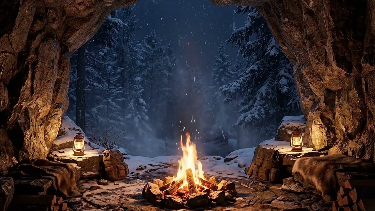 Cozy Cave Camping in a Blizzard | Winter Night ASMR
