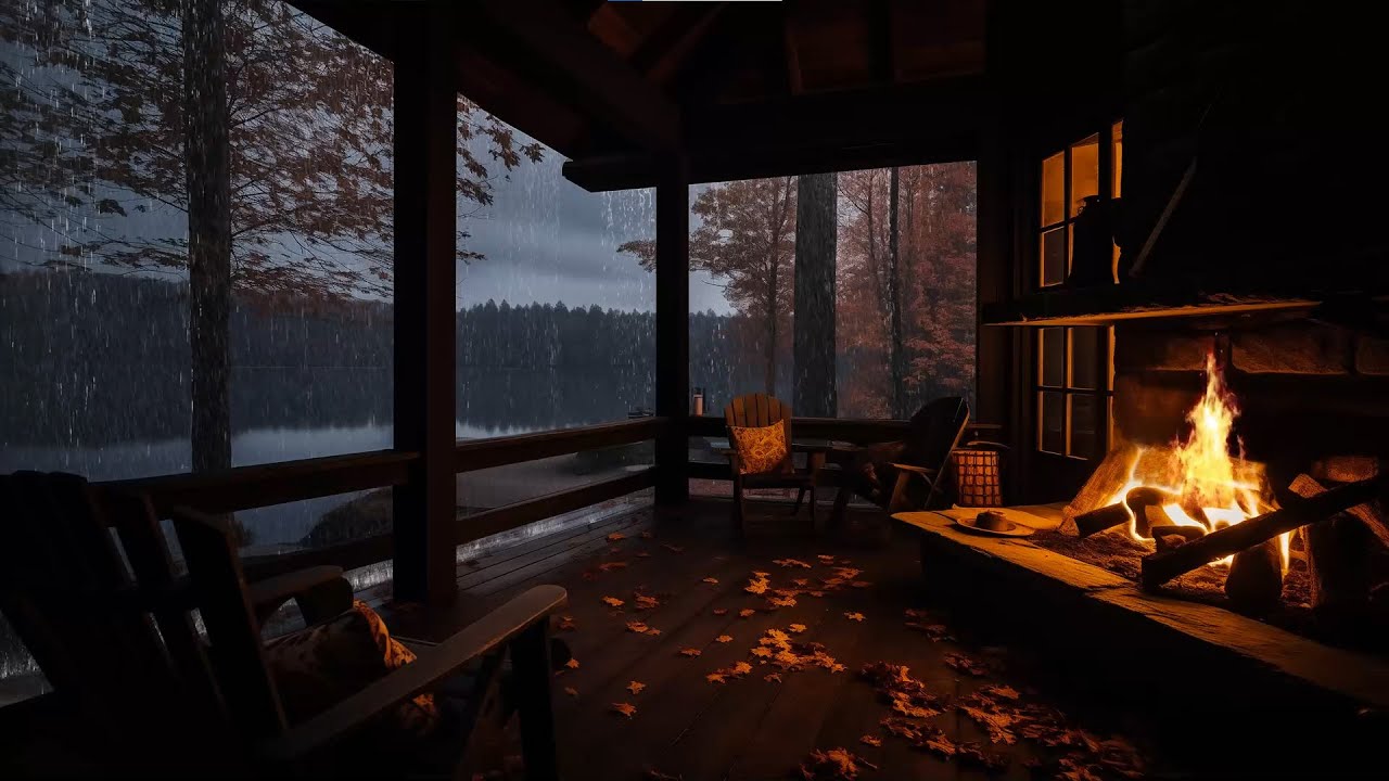 Calm Rain & Fireplace on a Forest Cabin Porch | Peaceful Nature Escape