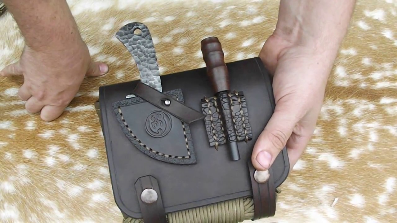 Custom Expandable Leather Bushcraft Pouch with Custom Skinning Knife and Firesteel