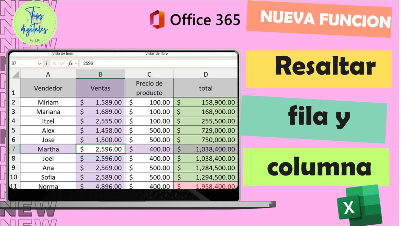 Resaltar fila y columna con nueva función de Excel