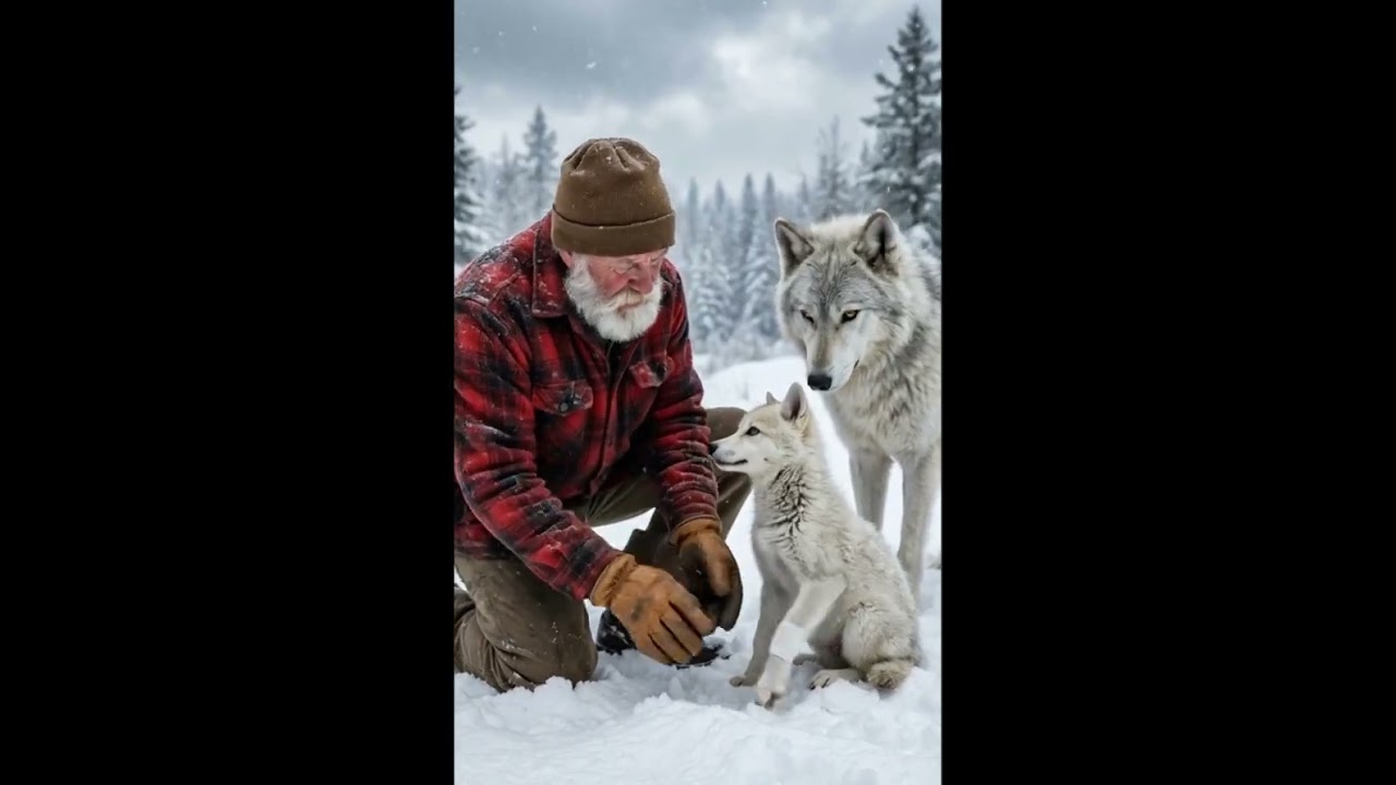 Snow Wolf Saves Her Cubs with the Help of an Old man ! #animals #rescueanimals  #humanity  #shorts